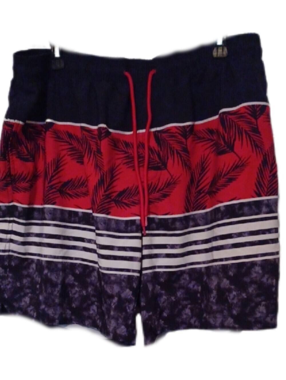 -- Men's Red Palm Print Swim Trunks with Navy & White Stripes Size XLarge Casual